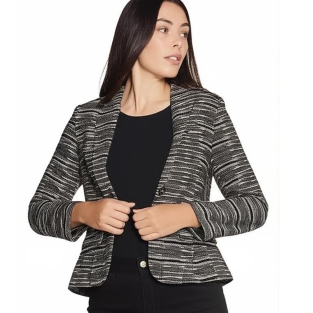 LOFT Ann Taylor Black White Linen Space Dye Blazer 6 Preppy Academia Chic 89-35